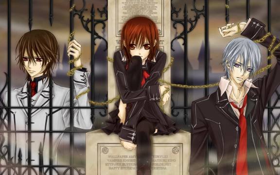 hino matsuri, cross yuki, kiryuu zero, kuran kaname, kurosu yuuki, vampire knight, looking away, silver hair, official art, 00s, 1girl, 2boys, arm up, bdsm, bishounen, black thighhighs, blazer, bondage, bound, bow, bowtie, brown hair, building, buttons, chain, cloud, frown, gate, goth fashion, hugging own legs, jacket, leg up, looking at viewer, looking down, multiple boys, necktie, night, night sky, outdoors, pleated skirt, purple eyes, red eyes, red hair, school uniform, short hair, sitting, skirt, sky, smile, thighhighs, tombstone, upper body, vampire, zettai ryouiki