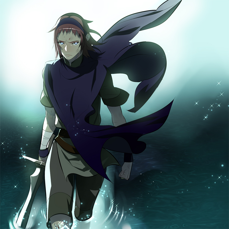 tensugi takashi, wander (shadow of the colossus), shadow of the colossus, bad id, bad pixiv id, 1boy, bandages, cape, male focus, red hair, short hair, solo, surcoat, sword, water, weapon