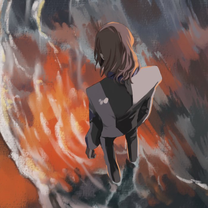 michi naka, kasugai koyo, soukyuu no fafner, 1boy, alvis uniform, beach, brown hair, from above, jacket, male focus, medium hair, pants, solo, striped clothes, sunset, water