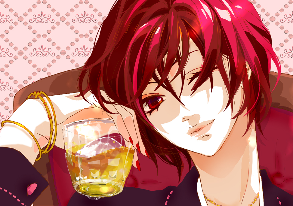 caracoro, meiko (vocaloid), vocaloid, 1girl, bracelet, close-up, drink, female focus, head tilt, jewelry, lips, necklace, one eye closed, red hair, red theme, short hair, solo, wink