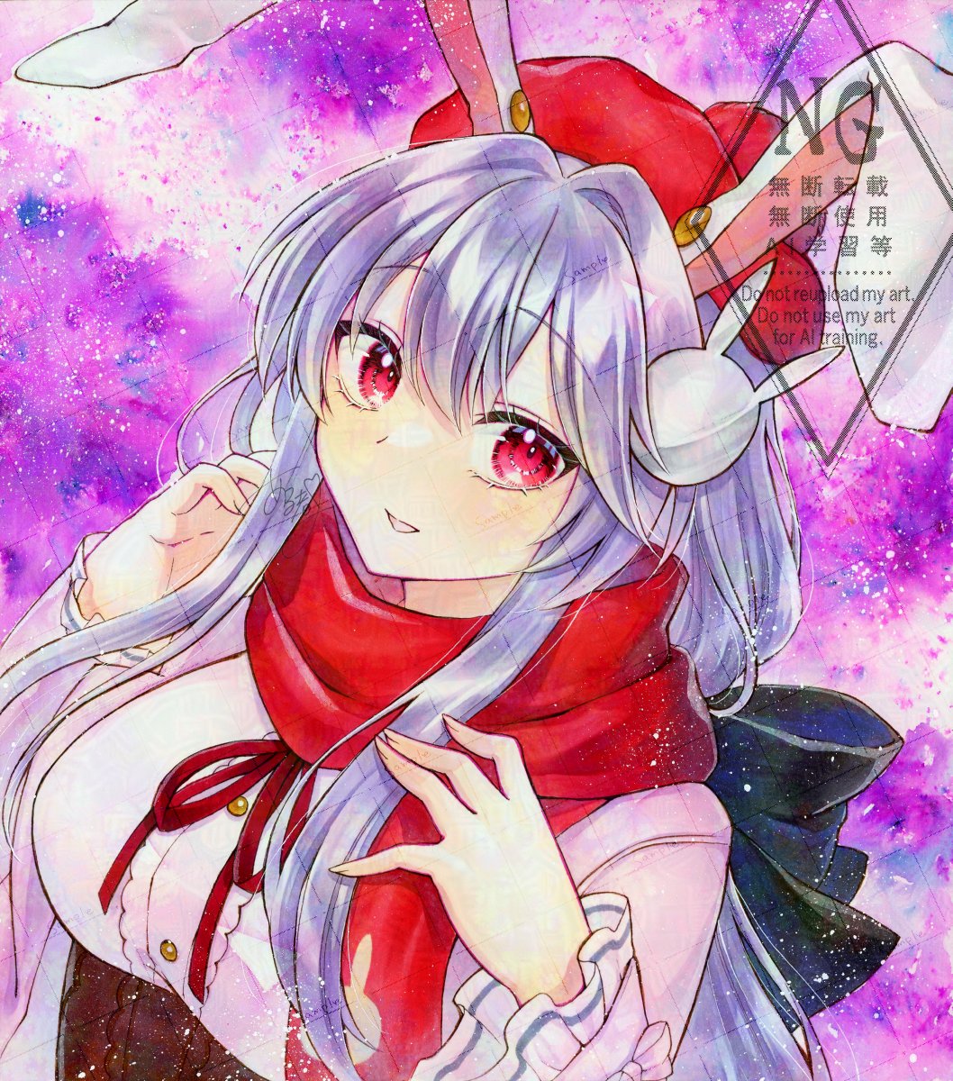 alto2019, reisen udongein inaba, reisen udongein inaba (snow rabbit of the holy night), touhou, touhou lostword, commentary, highres, traditional media, alternate costume, animal ears, breasts, brown corset, corset, hair between eyes, hair ornament, hands up, hat, long hair, long sleeves, looking at viewer, medium breasts, parted lips, purple background, purple hair, rabbit ears, rabbit girl, rabbit hair ornament, red eyes, red scarf, sample watermark, scarf, shirt, smile, watermark, white shirt