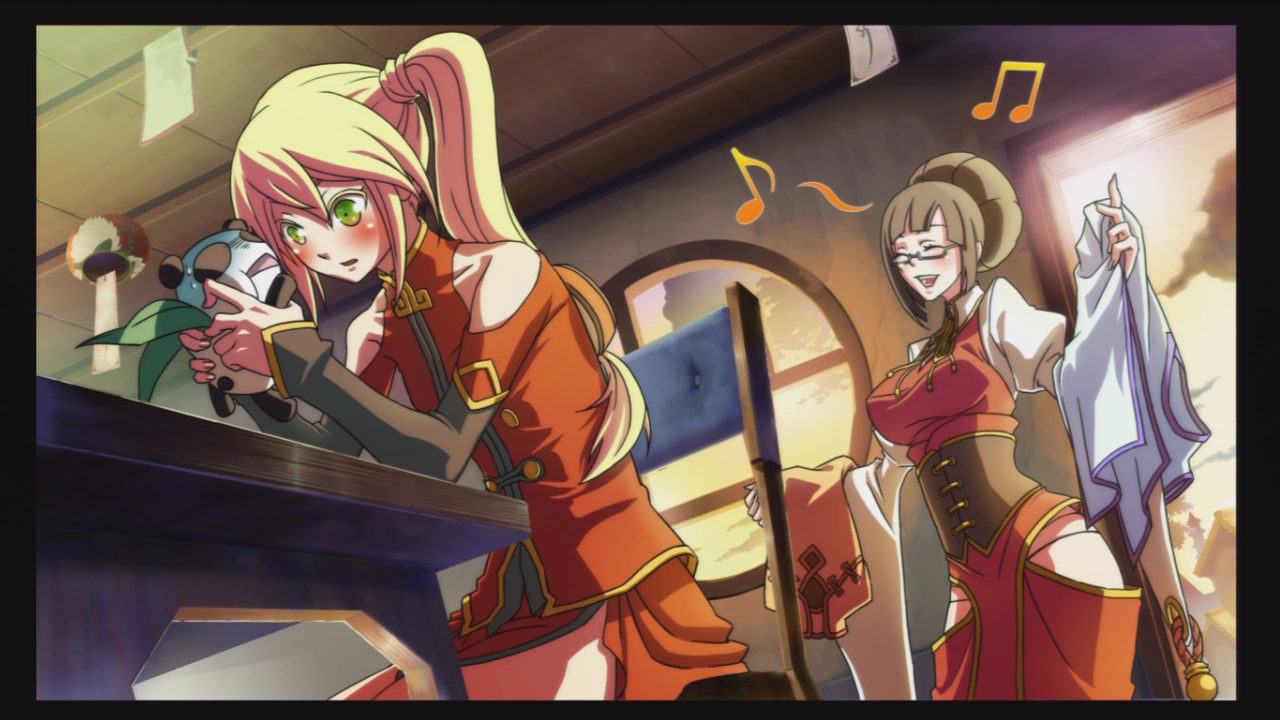 lao jiu, litchi faye ling, noel vermillion, arc system works, blazblue, blazblue: calamity trigger, official art, 2girls, blonde hair, blush, breast conscious, chair, china dress, chinese clothes, closed eyes, dress, green eyes, multiple girls, musical note, panda, side ponytail, sitting, table