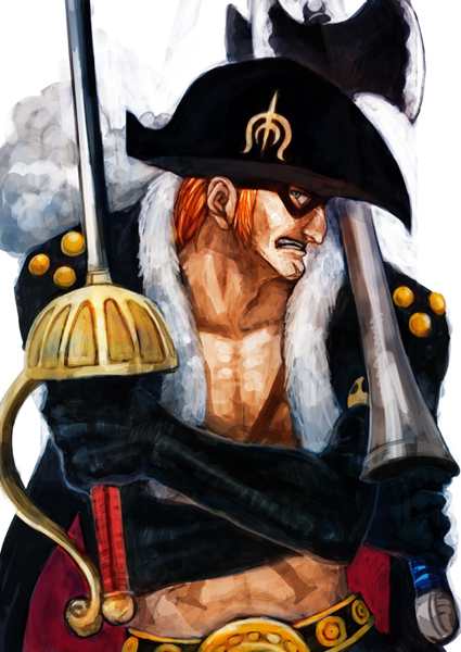 lack, x drake, one piece, 1boy, axe, belt, hat, jacket, male focus, manly, mask, open clothes, open shirt, pectoral cleavage, pectorals, pirate, profile, realistic, shirt, solo, sword, tattoo, weapon