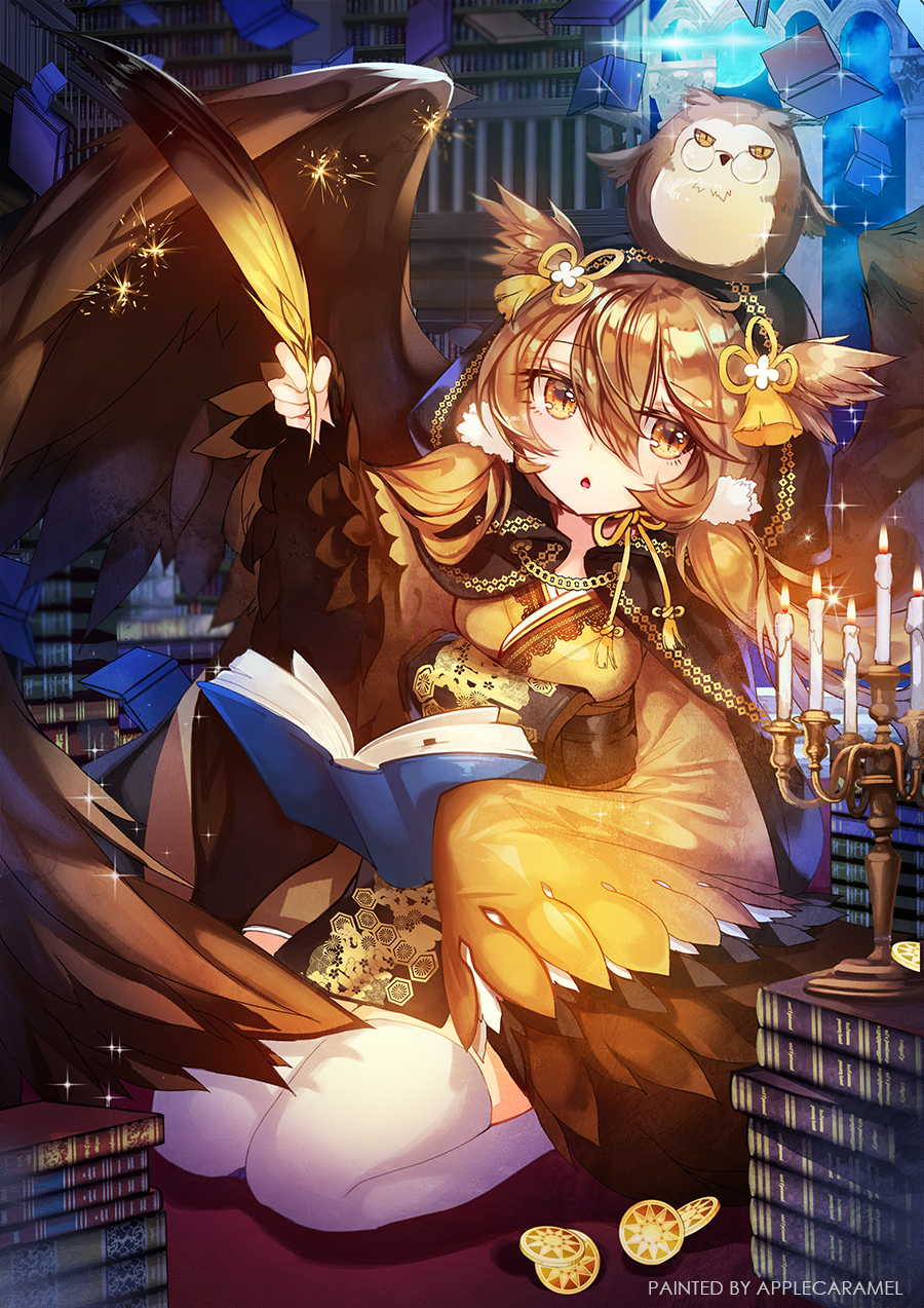 apple caramel, original, highres, 1girl, bird, book, brown eyes, brown hair, brown wings, candle, candlestand, coin, feathered wings, feathers, holding, holding book, holding feather, indoors, library, long sleeves, owl, seiza, sitting, slit pupils, solo, thighhighs, white thighhighs, wings