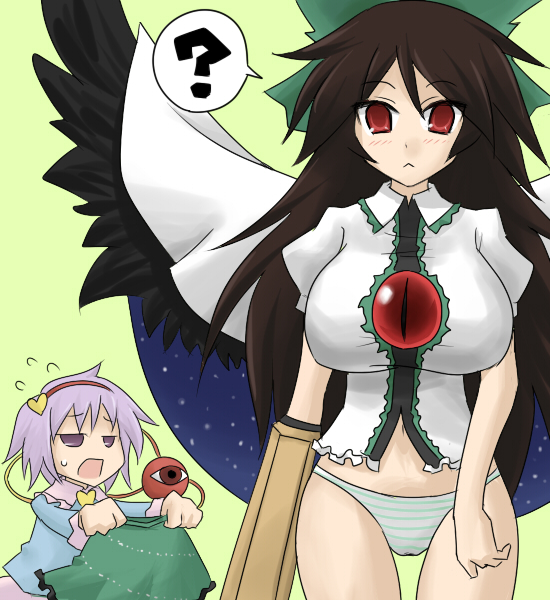 oro (zetsubou girl), komeiji satori, reiuji utsuho, touhou, 2girls, :<, ?, arm cannon, black hair, bottomless, bow, breasts, cape, female focus, hair bow, impossible clothes, impossible shirt, large breasts, long hair, multiple girls, no pants, panties, pink hair, purple eyes, red eyes, shirt, striped clothes, striped panties, thigh gap, thighs, underwear, weapon, wings