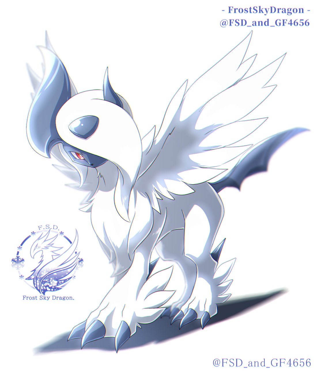 fsd and gf4656, absol, mega absol, nintendo, pokemon, highres, animal focus, asymmetrical horns, blue horns, body fur, bright pupils, claws, feathered wings, full body, gen 3 pokemon, hair over one eye, horns, looking at viewer, mega pokemon, neck fur, no humans, one eye covered, pokemon (creature), pokemon focus, red eyes, simple background, solo, uneven horns, white fur, white hair, white pupils, white wings, wings