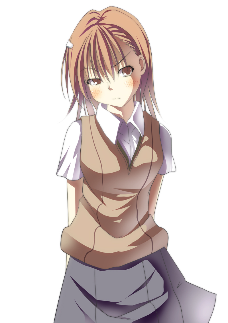 gumitaroo, misaka mikoto, toaru majutsu no index, 00s, blush, brown eyes, brown hair, hair ornament, hairclip, school uniform, skirt, solo