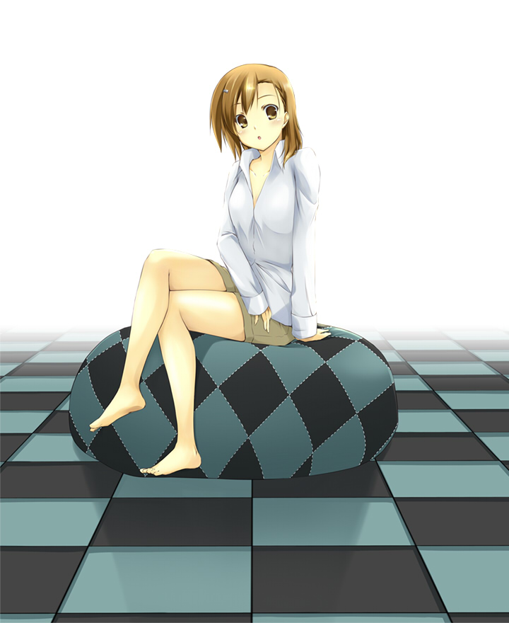 aito (indigorabbit), misaka mikoto, toaru majutsu no index, 00s, :o, barefoot, blush, brown eyes, brown hair, crossed legs, feet, open mouth, short hair, shorts, sitting, solo