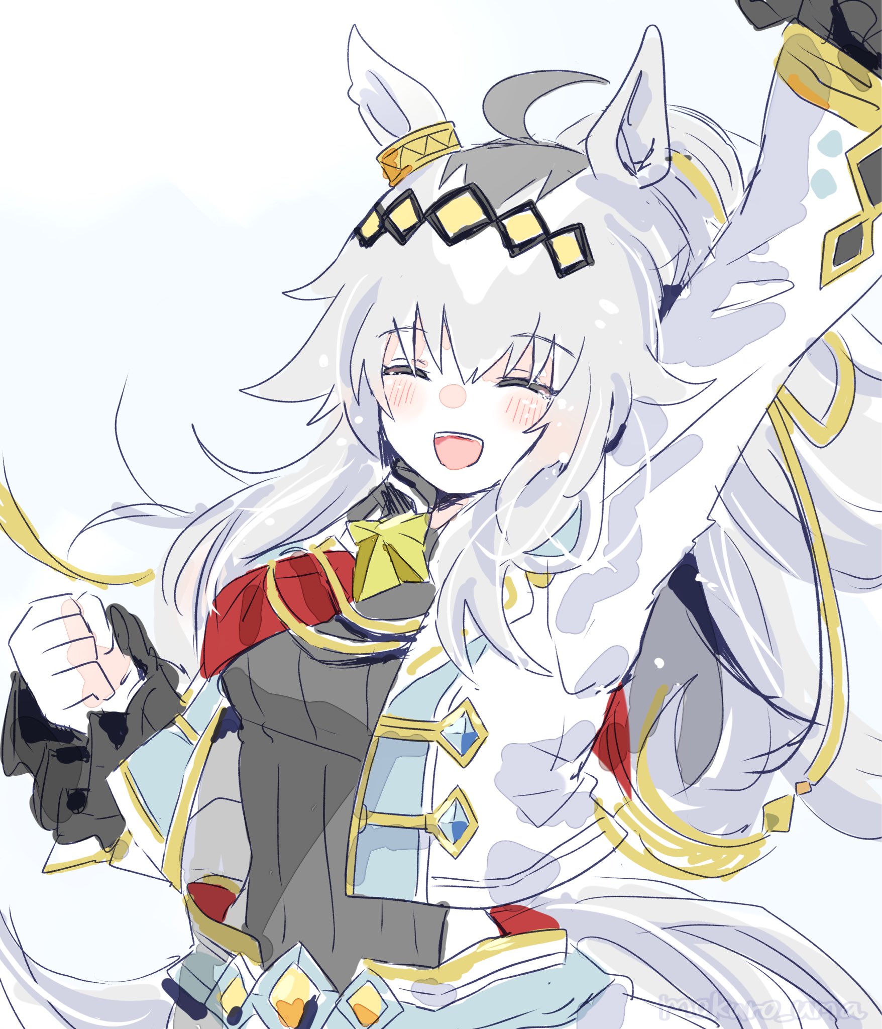 mokuroo, oguri cap (umamusume), umamusume, umamusume: cinderella gray, highres, 1girl, ahoge, animal ears, arm up, blush, breasts, brooch, closed eyes, cropped jacket, ear ornament, grey hair, grey leotard, grey tail, hair between eyes, hair ornament, hair ribbon, horse ears, horse girl, horse tail, jacket, jewelry, leotard, long hair, long sleeves, medium breasts, neckerchief, official alternate costume, oguri cap (cinderella gray) (umamusume), open clothes, open mouth, ponytail, red neckerchief, ribbon, shorts, simple background, smile, solo, star brooch, tail, upper body, white background, white jacket, white shorts