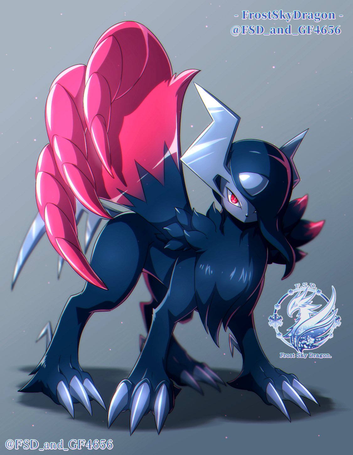 fsd and gf4656, absol, nintendo, pokemon, pokemon legends: z-a, highres, animal focus, asymmetrical horns, black fur, black hair, body fur, claws, full body, gen 3 pokemon, hair over one eye, horns, looking at viewer, mega absol z, mega pokemon, no humans, one eye covered, pokemon (creature), pokemon focus, red eyes, solo, tail, uneven horns