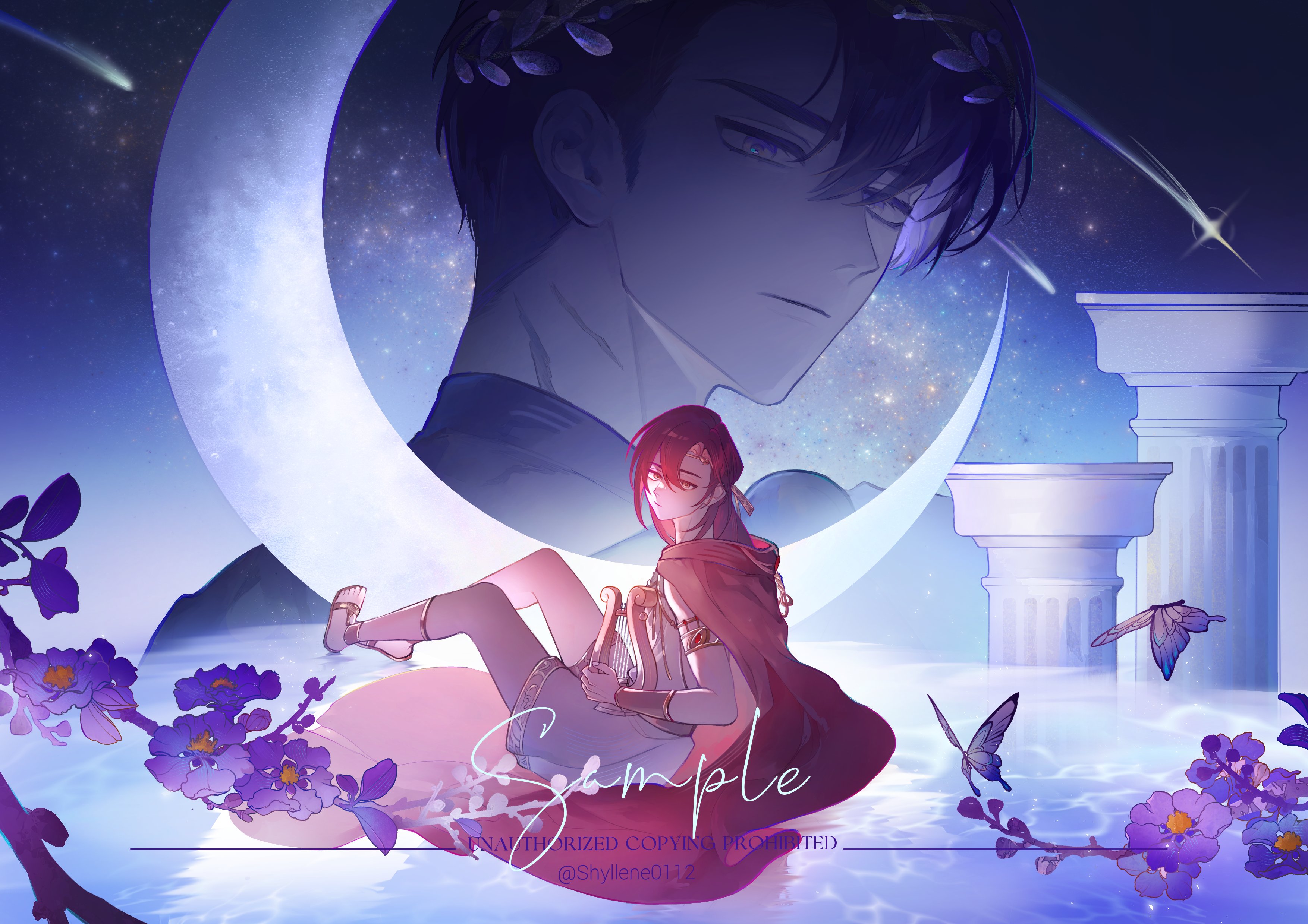 cale henituse, lout of count's family, absurdres, highres, 2boys, ancient greek clothes, armlet, black hair, bracer, bug, butterfly, cape, circlet, closed mouth, column, crescent moon, flower, flute, full body, gladiator sandals, greco-roman clothes, hair between eyes, harp, holding, holding instrument, insect, instrument, jewelry, kim rok soo, laurel crown, looking at viewer, male focus, moon, multiple boys, night, night sky, pillar, purple flower, red cape, red hair, sample watermark, sandals, scar, shooting star, short hair, shyllene0112, sitting, sky, smile, star (sky), starry sky, toga, water, watermark, weibo username, weibo watermark