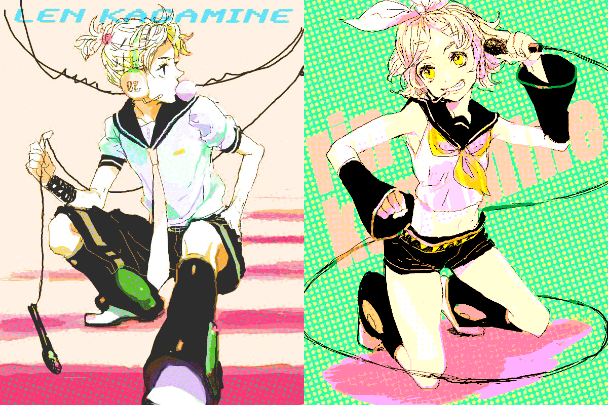 taira, kagamine len, kagamine rin, vocaloid, bad id, bad pixiv id, 1boy, 1girl, blonde hair, blowing bubble gum, blowing bubbles, brother and sister, chewing gum, detached sleeves, hair ribbon, headset, microphone, midriff, necktie, ribbon, short hair, short shorts, shorts, siblings, twins, yellow eyes