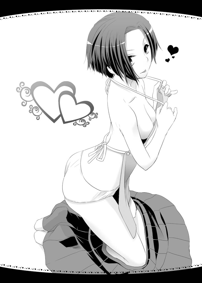 nakajima yuka, kobayakawa rinko, love plus, 1girl, :p, apron, ass, bob cut, breasts, female focus, greyscale, heart, large breasts, monochrome, naked apron, panties, short hair, sideboob, skirt, solo, tongue, tongue out, underwear