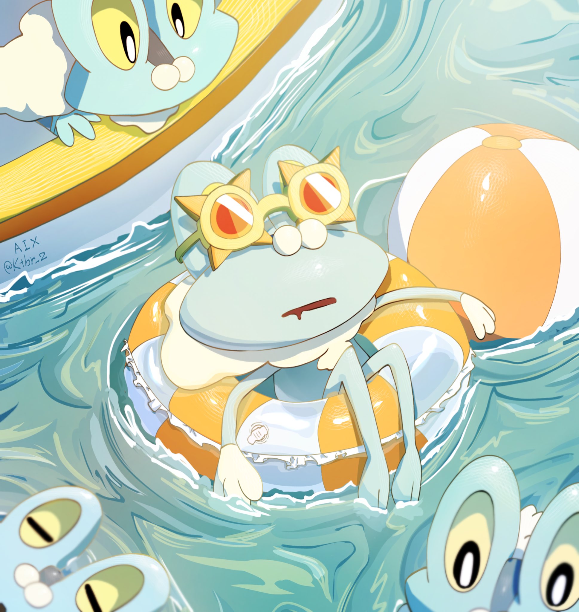 ktbr 2, froakie, staryu, nintendo, pokemon, highres, animal focus, ball, beachball, closed eyes, colored sclera, drooling, floating, frog, gen 1 pokemon, gen 6 pokemon, innertube, mouth drool, no humans, open mouth, pokemon (creature), pokemon focus, pool, poolside, star-shaped eyewear, star (symbol), sunglasses, swim ring, water, yellow sclera