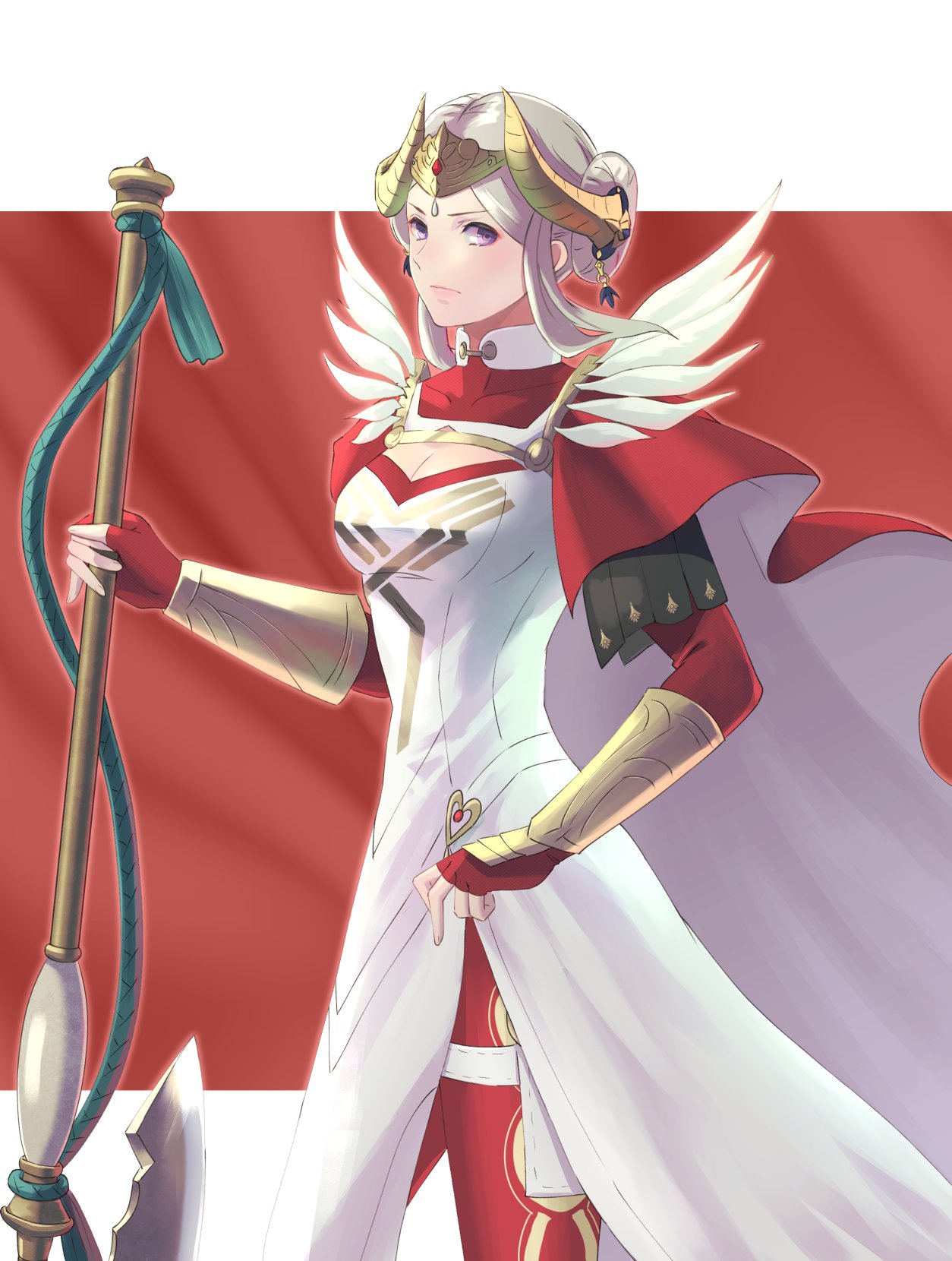 riou (pooh920), edelgard von hresvelg, edelgard von hresvelg (adrestian emperor), edelgard von hresvelg (adrestian emperor) (resplendent), edelgard von hresvelg (timeskip), fire emblem, fire emblem: three houses, fire emblem heroes, nintendo, highres, 1girl, axe, battle axe, blush, breasts, cape, cleavage, closed mouth, double bun, dress, fake horns, feather trim, feathers, fingerless gloves, gloves, hair bun, hair ornament, headpiece, holding, holding axe, horned headwear, horned tiara, horns, looking at viewer, medium breasts, official alternate costume, pantyhose, purple eyes, red cape, red gloves, red pantyhose, solo, tiara, two-sided cape, two-sided fabric, weapon, white dress, white hair