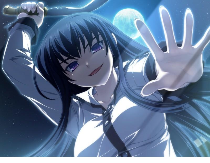 saeki hokuto, hinaori kagome, comu -kuroi ryuu to yasashii oukoku-, kuroi ryuu to yasashii oukoku, game cg, 1girl, against glass, breasts, crazy, dutch angle, female focus, knife, kukri, large breasts, long hair, moon, purple eyes, smile, solo