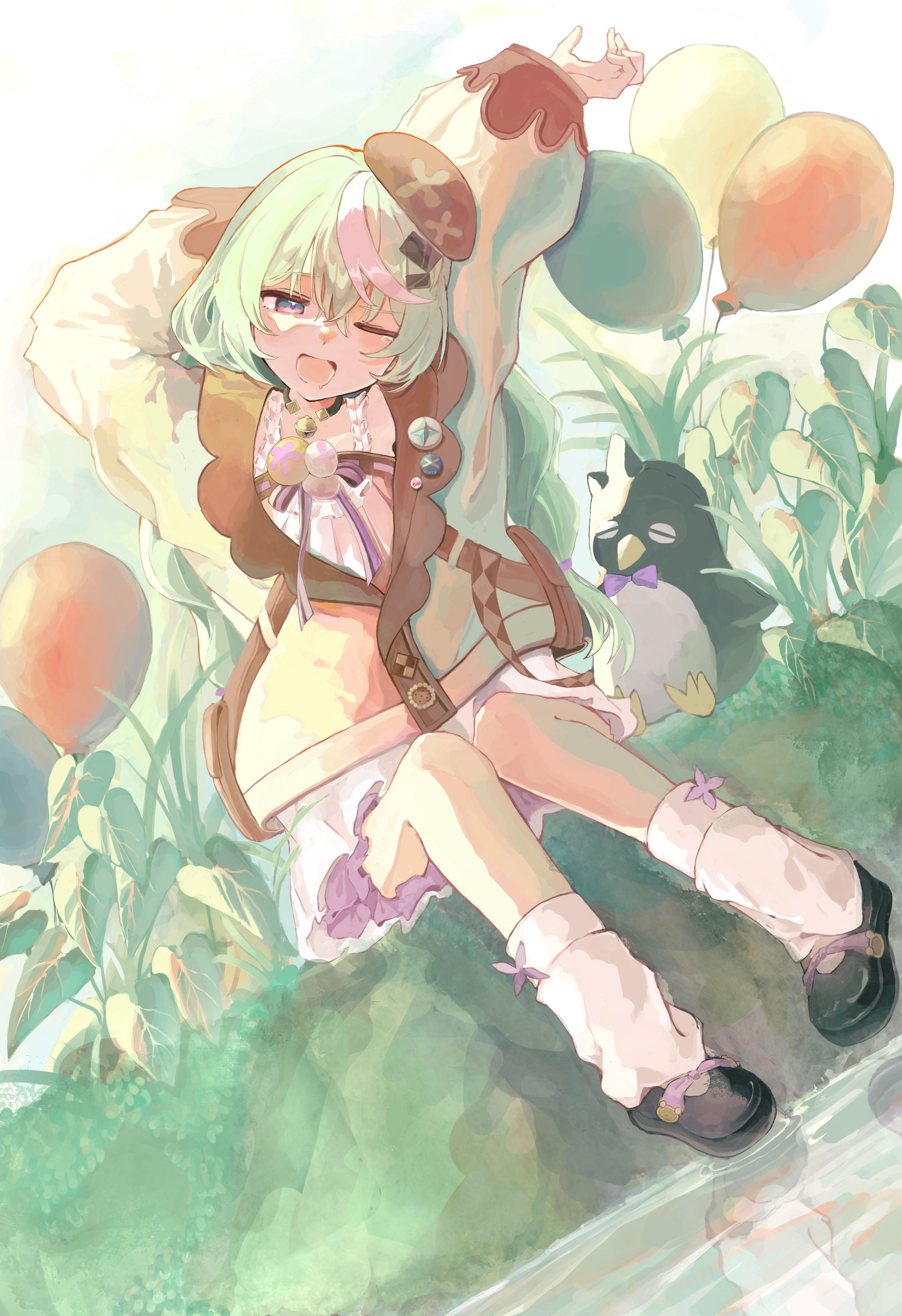 minamisuwari, nazuna (stella sora), stella sora, absurdres, commentary request, highres, 1girl, ;d, arms up, beret, black shoes, brown hat, day, drooling, dutch angle, frilled shirt collar, frills, full body, green hair, hat, head tilt, kneehighs, long sleeves, loose socks, lower teeth only, medium hair, miniskirt, mouth drool, multicolored hair, one eye closed, open mouth, outdoors, puffy long sleeves, puffy sleeves, reflection, ripples, shirt, shoes, sidelighting, sitting, skirt, smile, socks, solo, streaked hair, stretching, teeth, waking up, water, white hair, white shirt, white skirt, white socks, white streaks