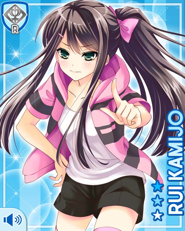 qp:flapper, kamijo rui, girlfriend (kari), official art, 1girl, alternate hairstyle, black hair, black shorts, blue background, bow, card (medium), character name, embarrassed, green eyes, hair bow, hair ornament, hairpin, hand on own hip, hood, hoodie, long hair, looking at viewer, pink bow, pink hoodie, pink thighhighs, pointing, pointing at viewer, ponytail, shirt, short sleeves, shorts, solo, standing, striped clothes, striped hoodie, thighhighs, thighs, v-shaped eyebrows, white shirt, zettai ryouiki