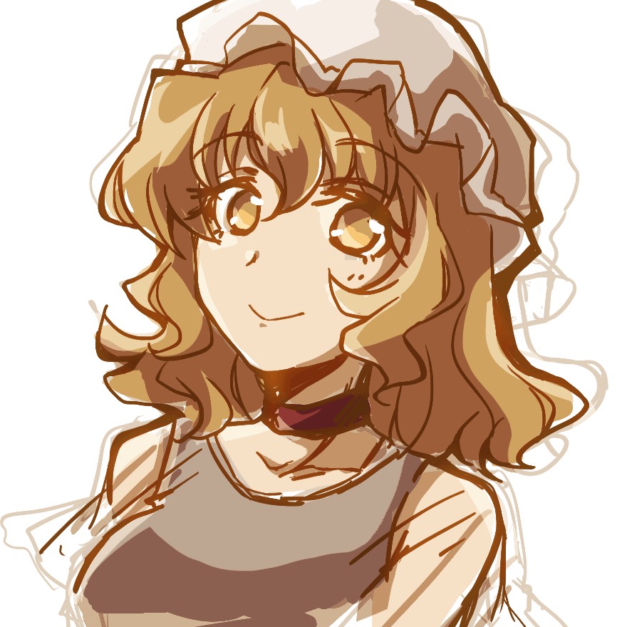 maribel hearn, touhou, clothing request, 1girl, blue vest, breasts, choker, closed mouth, hair between eyes, hat, looking at viewer, mob cap, purple choker, sanwa no jako (daikichi club), shirt, short hair, sketch, smile, solo, vest, white hat, white shirt