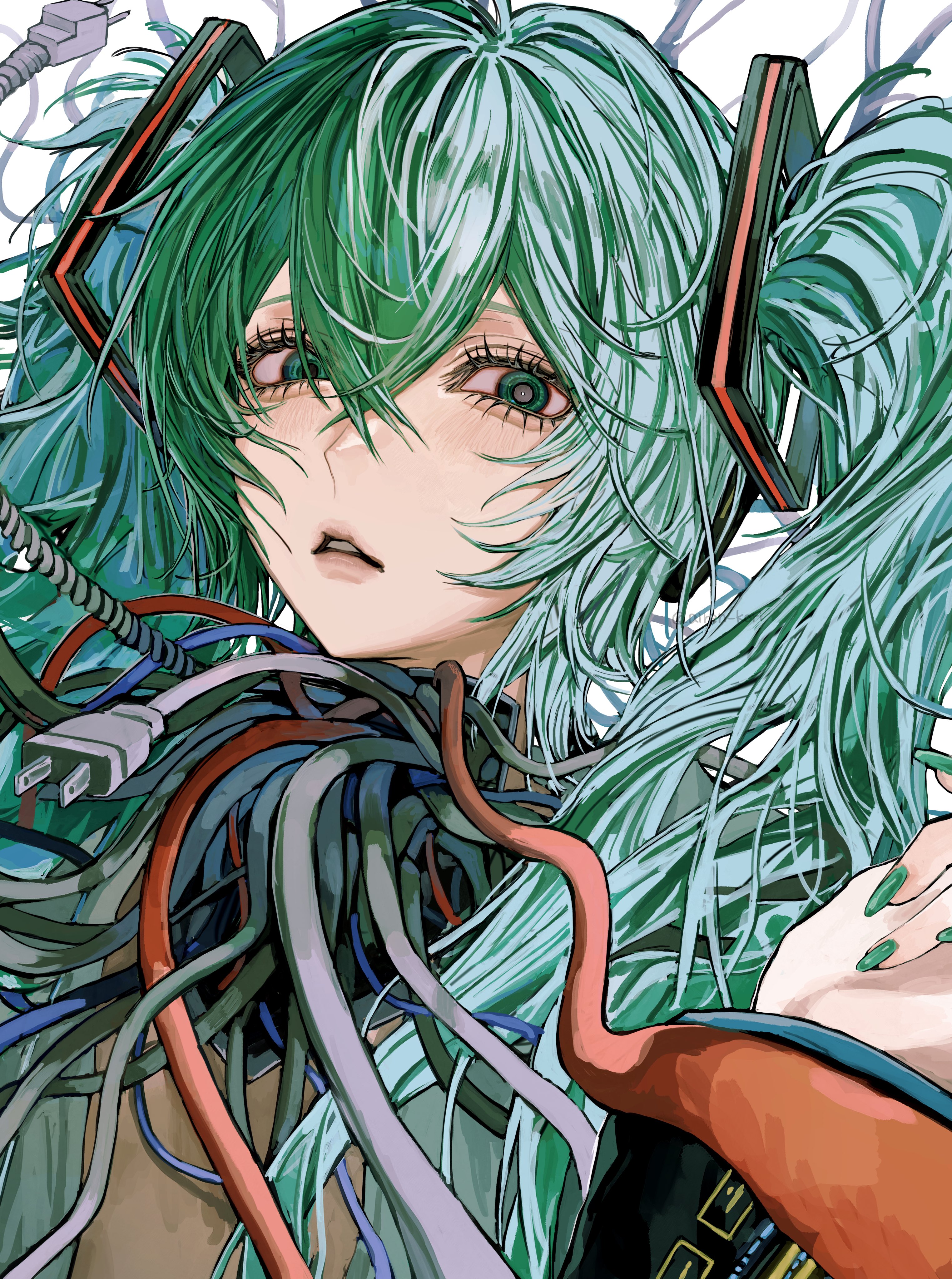 airen kori, hatsune miku, vocaloid, absurdres, highres, 1girl, android, aqua eyes, aqua hair, aqua nails, black sleeves, cable, electric plug, hair between eyes, hair ornament, hand up, light blush, lips, long hair, looking at viewer, nail polish, open clothes, open shirt, parted lips, portrait, solo, twintails, twitter username, white background