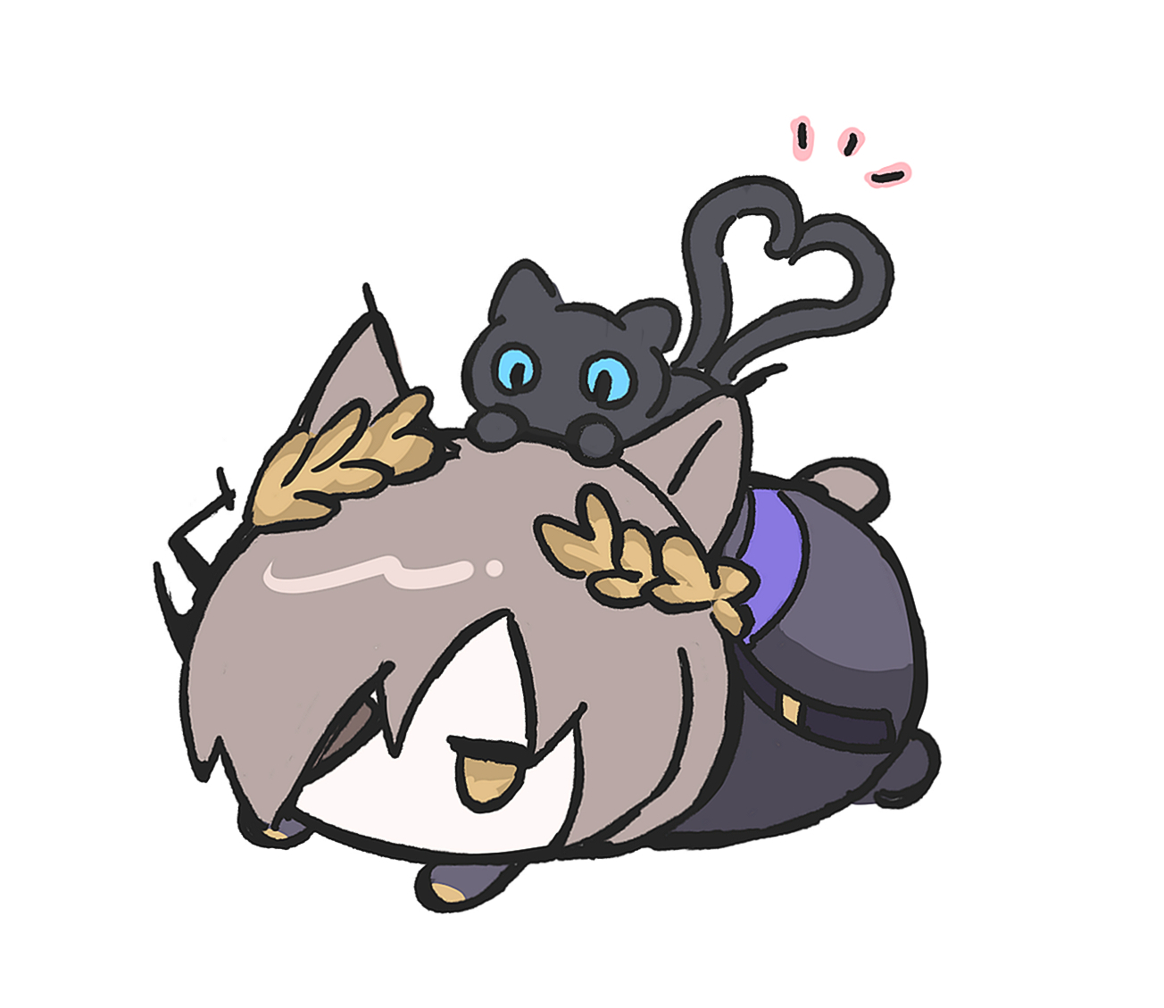 myluche, miss christine (arknights), phantom (arknights), tragodia (arknights), arknights, 1boy, animal, animal ears, black cat, black jacket, blue eyes, brown eyes, brown hair, cat, chibi, hair over one eye, heart, heart tail, jacket, lying, notice lines, on stomach, simple background, tail, white background