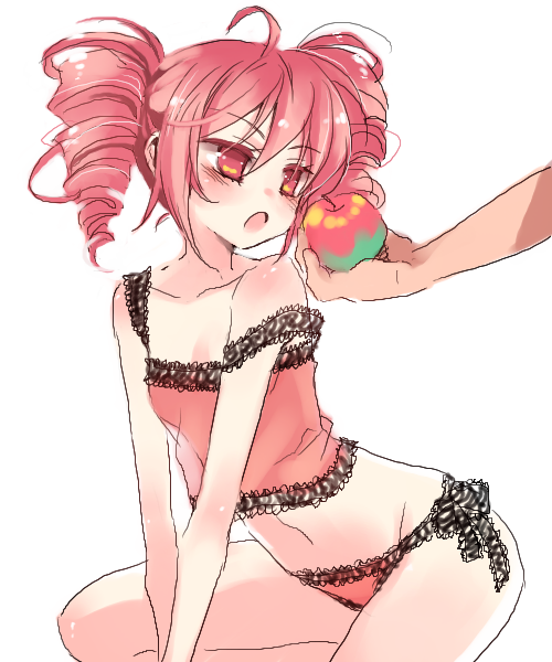 manle, kasane teto, romeo to cinderella (vocaloid), utau, vocaloid, bad id, bad pixiv id, 1girl, apple, camisole, drill hair, food, fruit, holding, holding food, holding fruit, lingerie, orange hair, panties, red eyes, red hair, see-through clothes, side-tie panties, solo focus, strap slip, twin drills, twintails, underwear