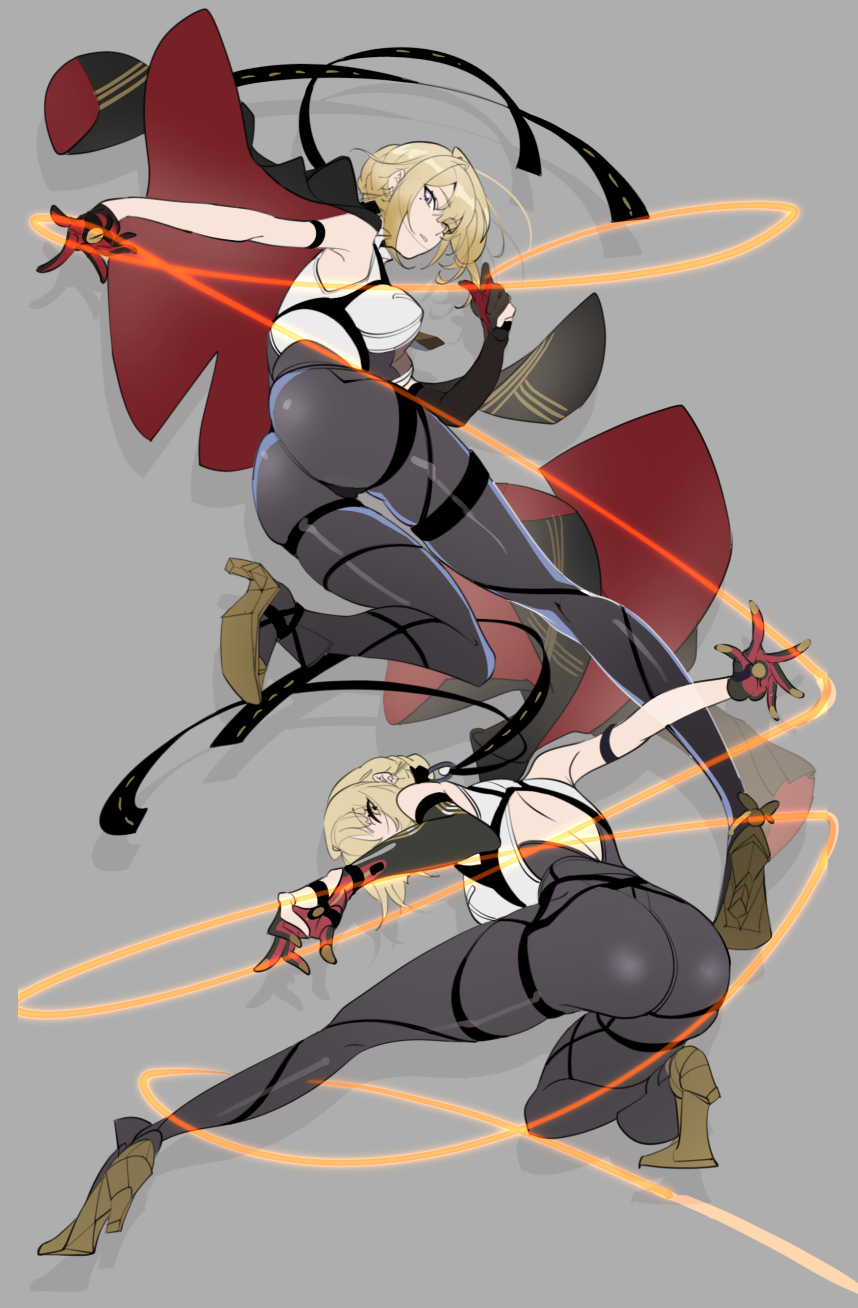 niihatigounana, evelyn chevalier, zenless zone zero, highres, 1girl, arm strap, ass, bare shoulders, black coat, black gloves, black pants, blonde hair, breasts, chest harness, coat, coat on shoulders, earrings, elbow gloves, full body, gloves, grey background, half gloves, harness, high-waist pants, jewelry, large breasts, latex pants, leg up, long ribbon, looking at viewer, looking back, multiple views, necktie, pants, parted lips, purple eyes, ring hair ornament, shadow, shirt, simple background, single elbow glove, single half glove, tight clothes, tight pants, white shirt, yellow necktie