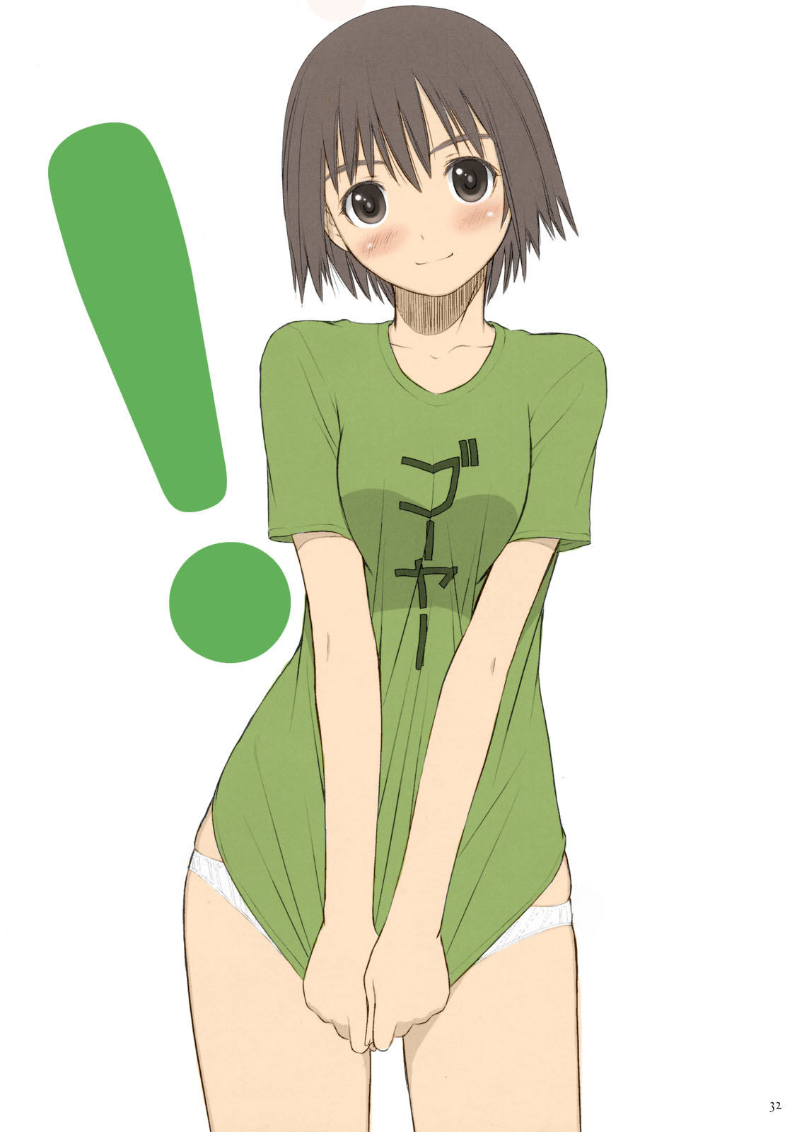 tony taka, ayase fuuka, yotsubato!, colorized, highres, !, 1girl, blush, bob cut, bottomless, brown eyes, brown hair, covering crotch, covering privates, female focus, head tilt, no pants, panties, shirt, shirt tug, short hair, solo, standing, thick eyebrows, underwear, white panties