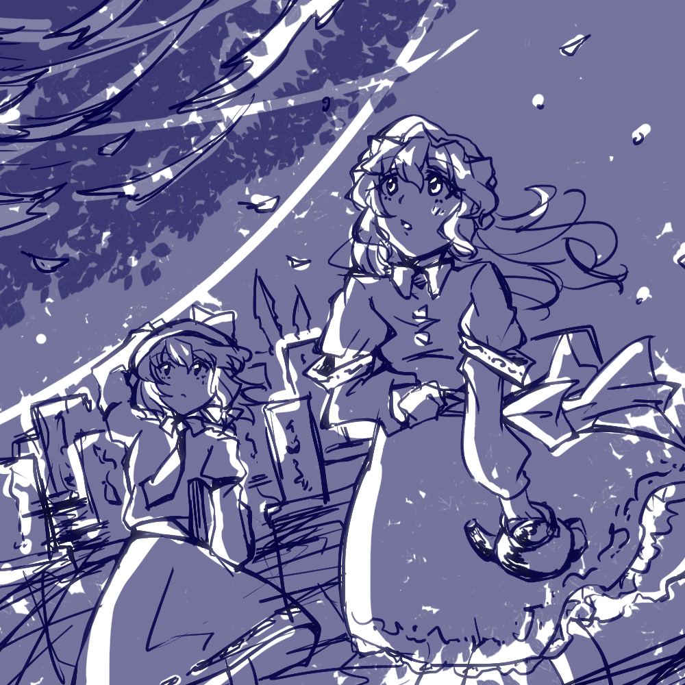 maribel hearn, usami renko, ghostly field club, touhou, 2girls, armband, back bow, black hat, blonde hair, bow, buttons, closed mouth, collared dress, dress, dress bow, frilled dress, frills, graveyard, hair between eyes, hair bow, hand on own hat, hat, hat bow, holding, holding teapot, looking afar, medium hair, mob cap, multiple girls, necktie, open mouth, petals, sanwa no jako (daikichi club), sash, shirt, short hair, skirt, sleeve garter, teapot, white armband, white bow, white hat