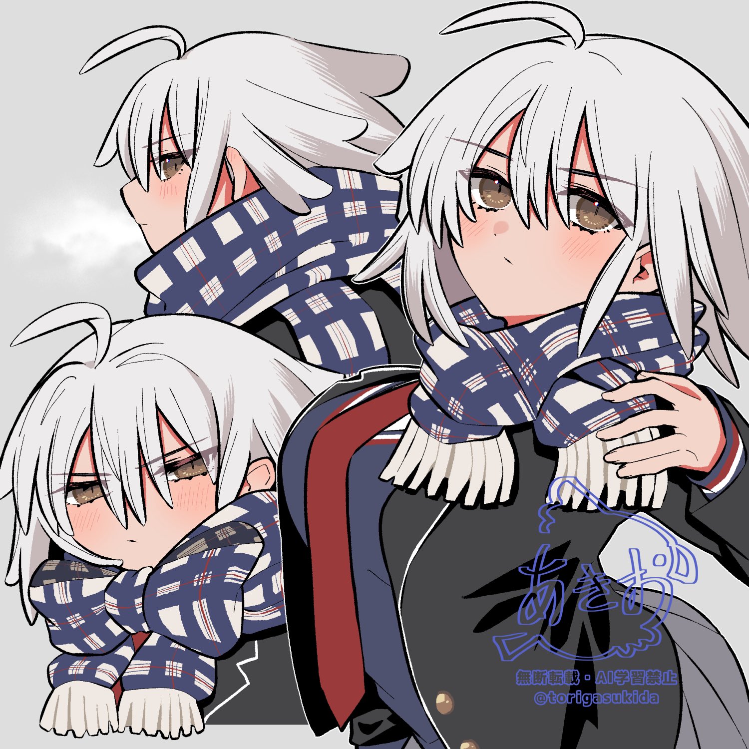 akio (akio1124), jeanne d'arc alter (fate), fate/grand order, fate (series), highres, 1girl, ahoge, artist name, blazer, brown eyes, expressionless, fringe trim, from side, frown, grey skirt, hand up, id (fate/grand order), jacket, lapels, light blush, looking at viewer, multiple views, necktie, notched lapels, plaid clothes, plaid scarf, pleated skirt, pseudo-tokyo school uniform, red necktie, scarf, school uniform, short hair, sideways glance, skirt, squinting, upper body, white hair