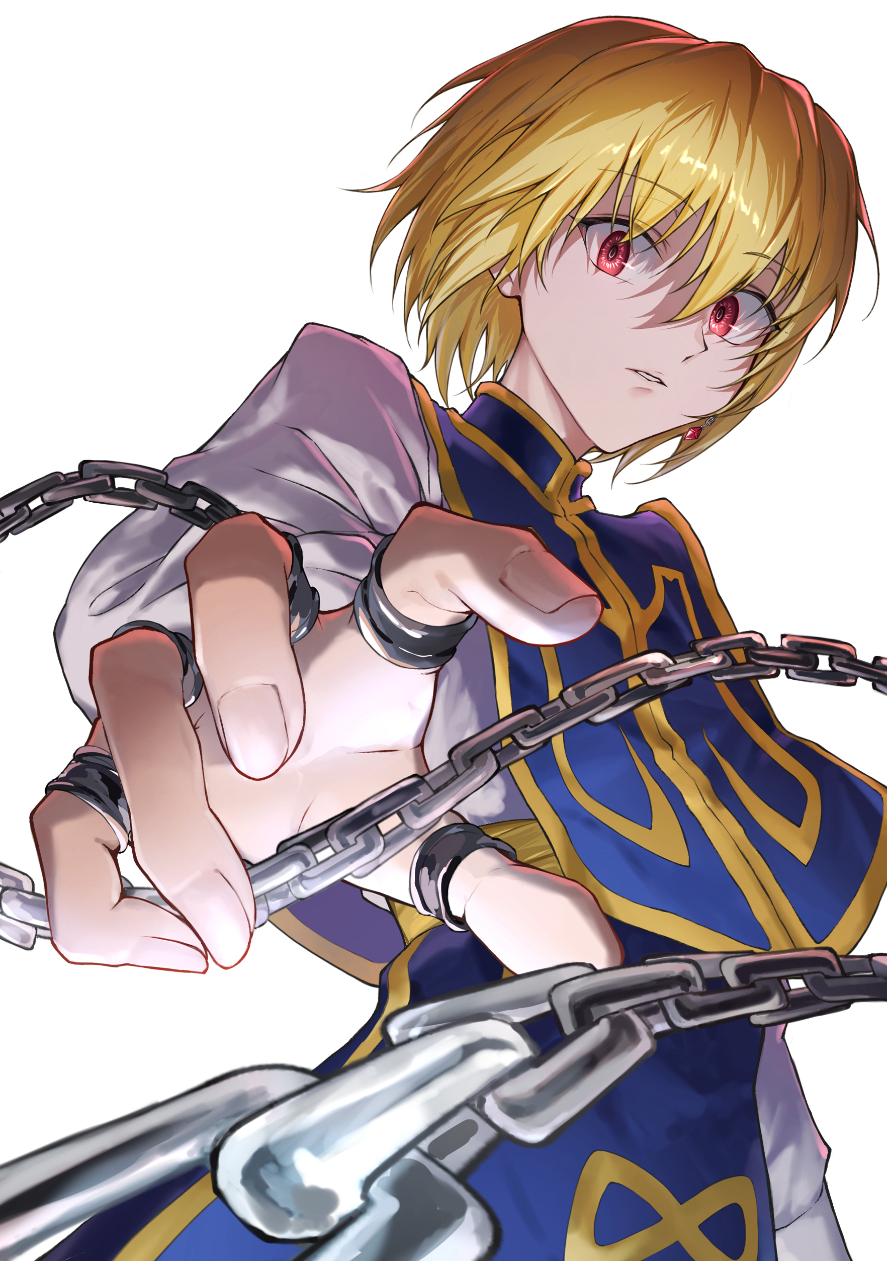 risu (risuuu q), kurapika, hunter x hunter, absurdres, highres, 1boy, blonde hair, blue tabard, chain, crystal earrings, earrings, foreshortening, hair between eyes, hand chains, hand focus, jewelry, long sleeves, looking at viewer, male focus, parted lips, red eyes, shirt, simple background, solo, tabard, white background, white shirt