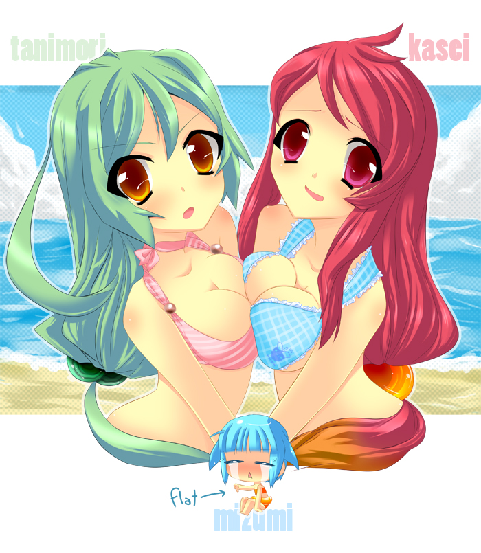 framboosi, original, 3girls, :<, beach, bikini, blue hair, breast press, breasts, cleavage, closed eyes, day, english text, flat chest, green hair, hair bobbles, hair ornament, innertube, large breasts, long hair, multiple girls, ocean, pink eyes, short hair, swim ring, swimsuit, symmetrical docking, tears, yellow eyes