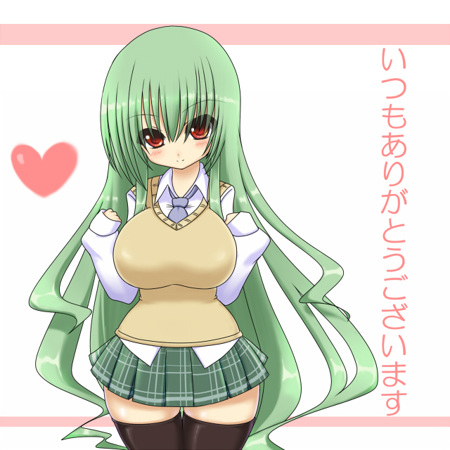 shuz (dodidu), original, 1girl, black thighhighs, blush, breasts, curvy, female focus, green hair, hip focus, huge breasts, long hair, necktie, skirt, solo, sweater, thighhighs, wide hips, zettai ryouiki