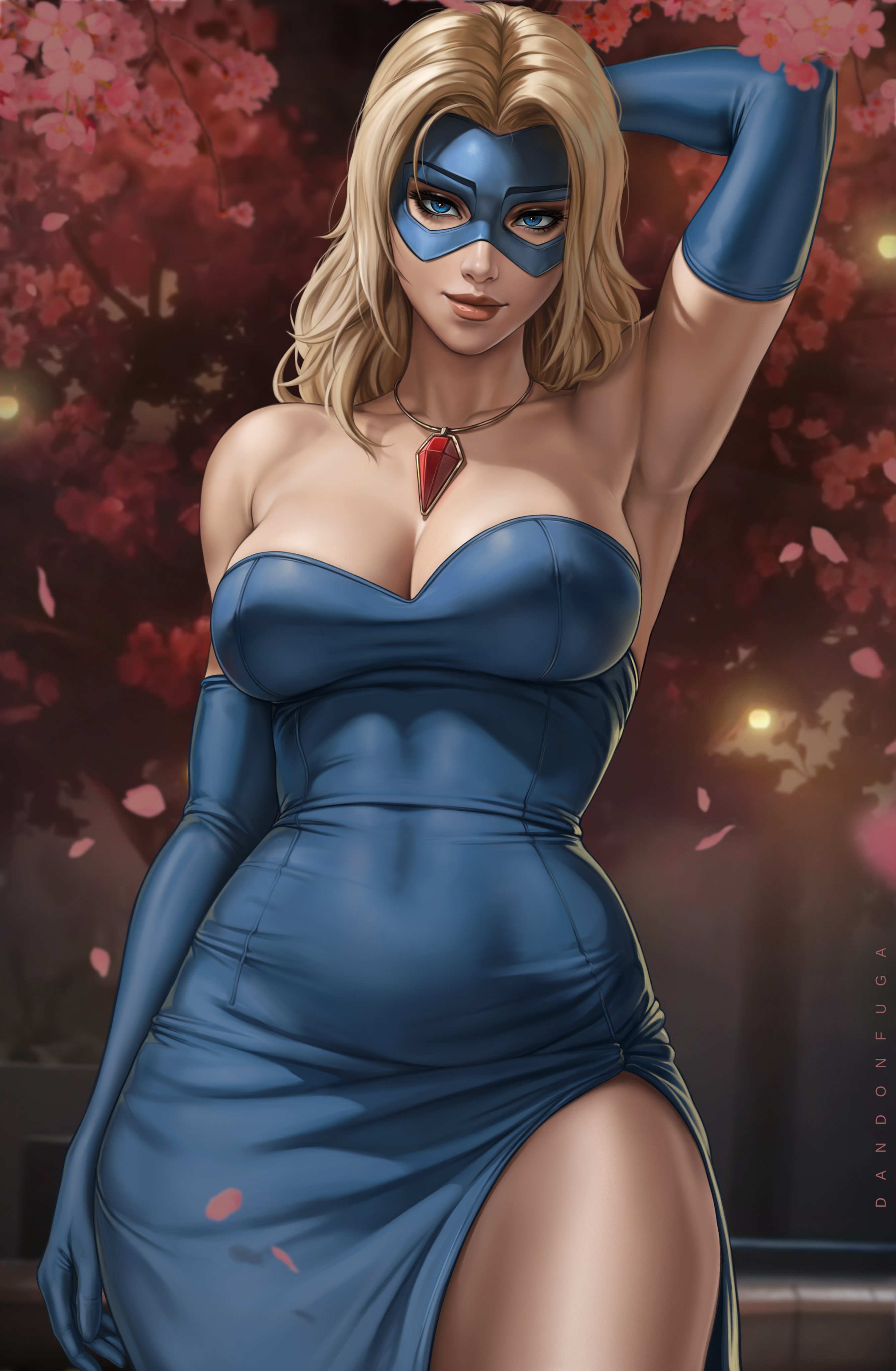 dandon fuga, blonde blazer, dispatch, absurdres, highres, paid reward available, 1girl, amulet, areola slip, arm behind head, armpits, blonde hair, blue dress, blue eyes, blue gloves, blue mask, breasts, cherry blossoms, cleavage, covered navel, domino mask, dress, elbow gloves, eye mask, gloves, jewelry, large breasts, looking at viewer, mask, necklace, parted bangs, side slit, smile, solo, strapless, strapless dress, thighs, tight clothes, tight dress, toned, toned female, wardrobe malfunction