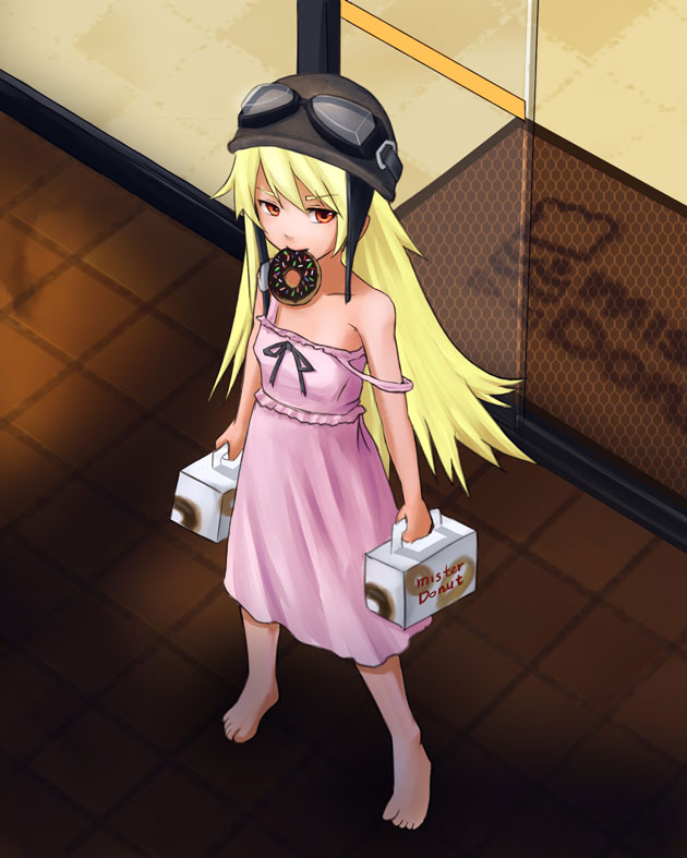 ryusuke1234, oshino shinobu, bakemonogatari, mister donut, monogatari (series), 00s, 1girl, bad anatomy, bad feet, bare shoulders, barefoot, blonde hair, donut, dress, feet, female focus, flat chest, food, goggles, helmet, mouth hold, poorly drawn, solo, strap slip, vampire