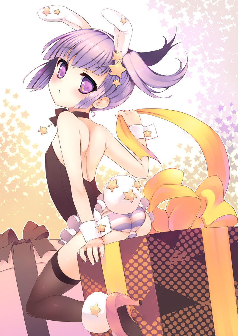 nemunemu (candy paddle), original, bad id, bad pixiv id, 1boy, animal ears, bow, bowtie, bulge, crossdressing, crossdressing (mtf), fake animal ears, high heels, looking back, male focus, panties, playboy bunny, purple eyes, purple hair, rabbit ears, rabbit tail, ribbon, shoes, shota, solo, star (symbol), striped clothes, striped panties, tail, thighhighs, trap, underwear, wristband