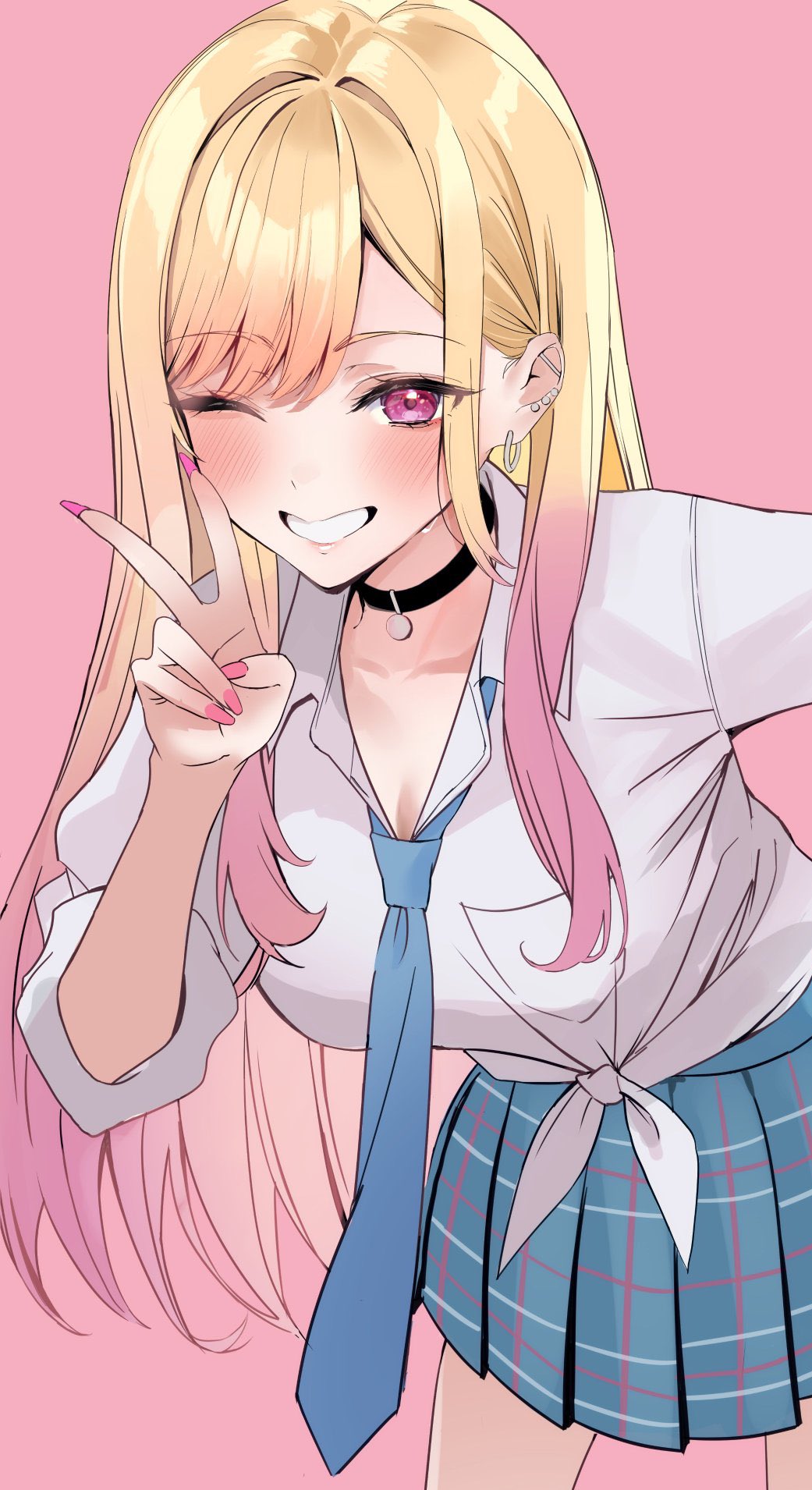 nakano kura, kitagawa marin, sono bisque doll wa koi wo suru, highres, 1girl, blonde hair, blue skirt, blush, breasts, cleavage, ear piercing, earrings, grin, gyaru, jewelry, long hair, looking at viewer, multicolored hair, one eye closed, piercing, pink eyes, pink hair, school uniform, shirt, sidelocks, skirt, smile, solo, tied shirt, two-tone hair, v, white shirt