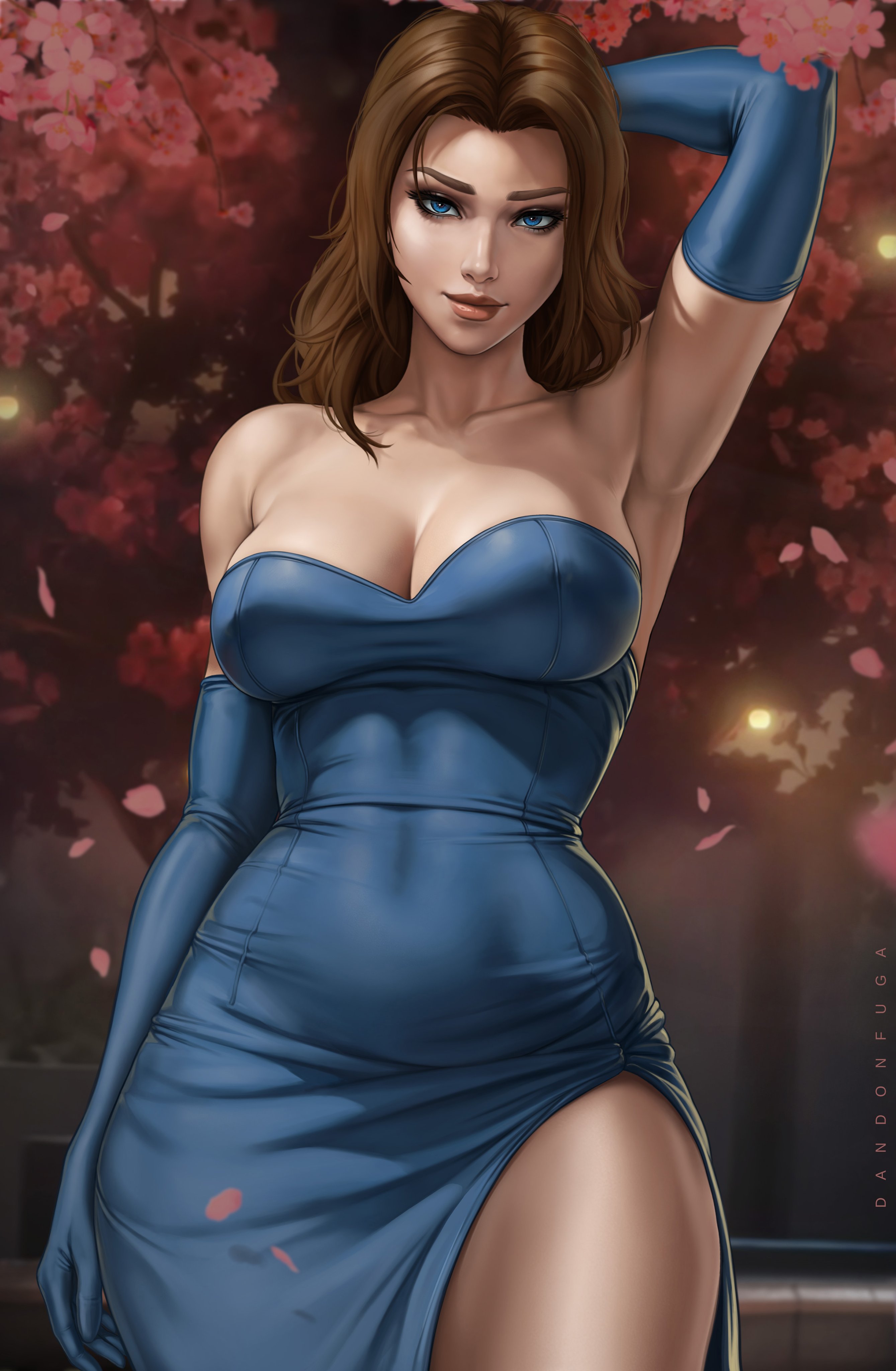 dandon fuga, mandy (dispatch), dispatch, absurdres, highres, paid reward available, 1girl, arm behind head, armpits, blue dress, blue eyes, blue gloves, breasts, brown hair, cherry blossoms, cleavage, covered navel, dress, elbow gloves, gloves, jewelry, large breasts, looking at viewer, parted bangs, side slit, smile, solo, strapless, strapless dress, thighs, tight clothes, tight dress, toned, toned female