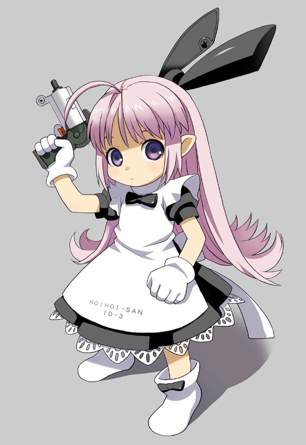 mattaku mousuke, hoihoi-san, ichigeki sacchuu!! hoihoi-san, ahoge, gloves, gun, long hair, mecha musume, purple eyes, purple hair, solo, weapon