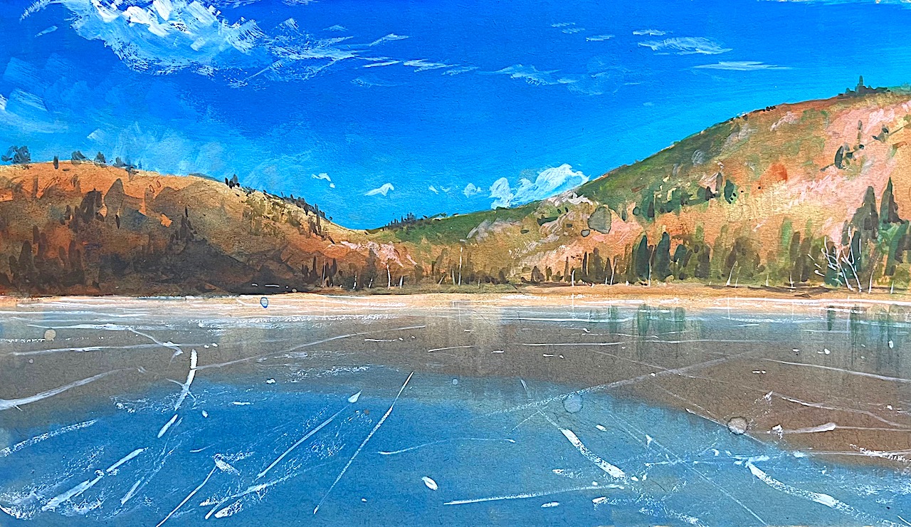 tj (tenjiku200), original, commentary request, traditional media, blue sky, day, frozen lake, hill, lake, landscape, mountainous horizon, no humans, outdoors, reflection, scenery, sidelocks, sky