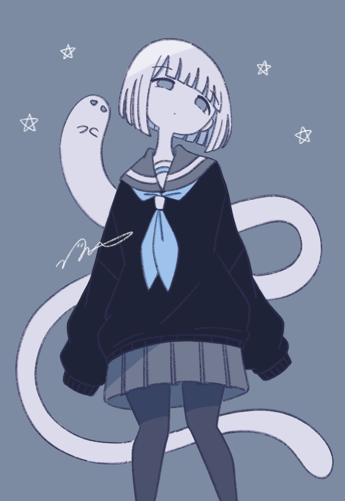 omochi noa, original, highres, 1girl, arms at sides, black shirt, blue neckerchief, feet out of frame, ghost, grey background, grey sailor collar, grey skirt, long sleeves, miniskirt, neckerchief, pantyhose, pleated skirt, sailor collar, school uniform, serafuku, shirt, short hair, signature, skirt, sleeves past fingers, sleeves past wrists, standing, white hair