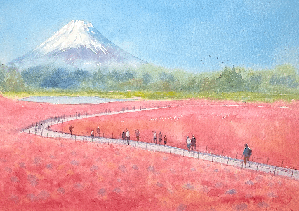 tj (tenjiku200), original, commentary request, painting (medium), traditional media, watercolor (medium), blue sky, day, forest, landscape, mount fuji, mountain, nature, outdoors, path, people, real world location, road, scenery, sky