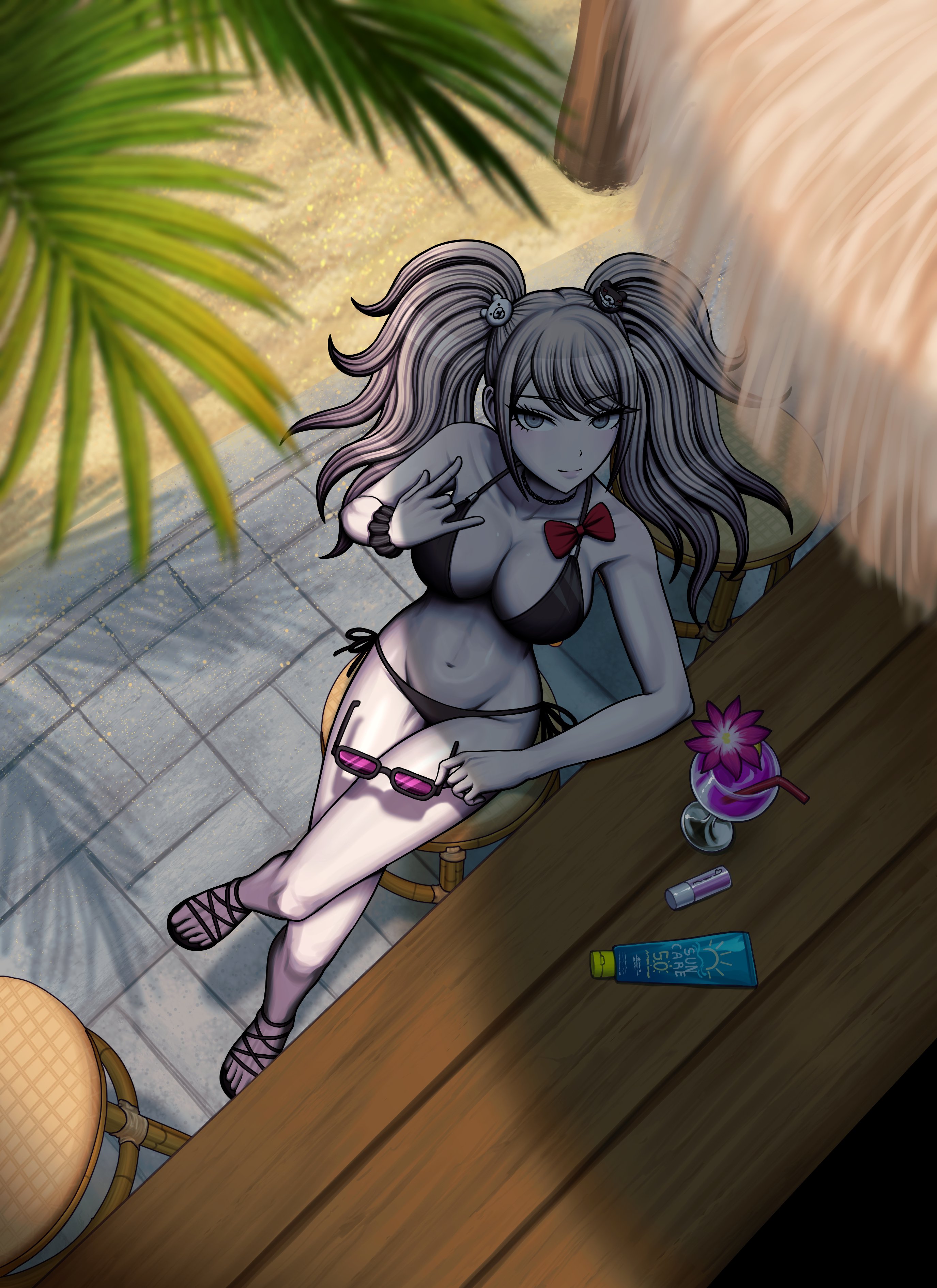 fulltimeangel13, enoshima junko, danganronpa (series), absurdres, highres, 1girl, bear hair ornament, bikini, blue eyes, bow, bowtie, breasts, choker, cleavage, crossed legs, drink, female focus, from above, full body, hair ornament, large breasts, long hair, looking at viewer, navel, pink hair, sandals, sitting, solo, swimsuit, toes, twintails