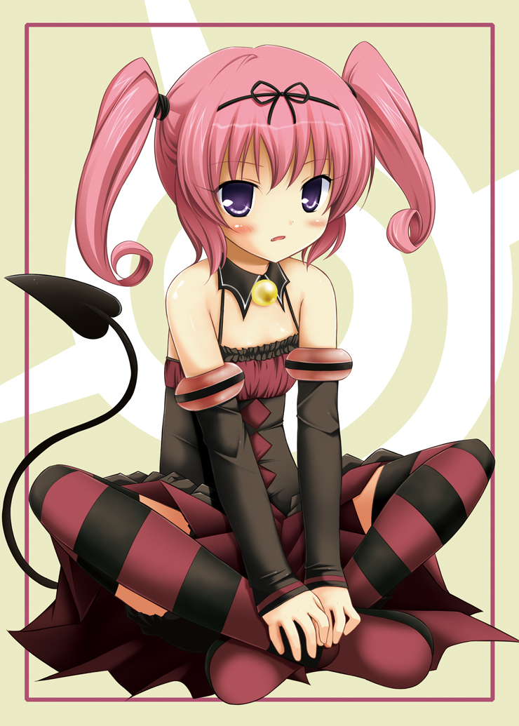 yukino minato, nana asta deviluke, to love-ru, 00s, 1girl, bare shoulders, blush, bow, detached sleeves, female focus, flat chest, indian style, pink hair, purple eyes, short twintails, sitting, skirt, solo, striped clothes, striped thighhighs, tail, thighhighs, twintails