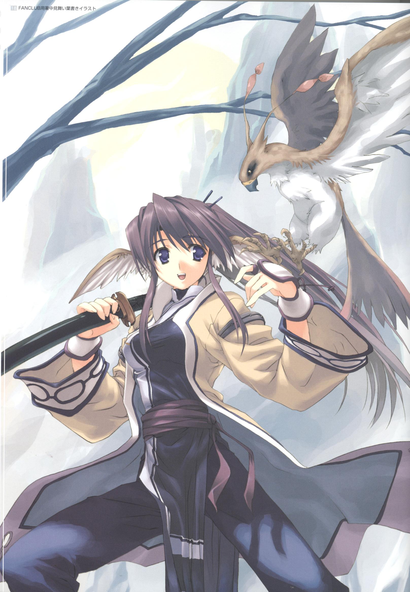 amazuyu tatsuki, touka (utawarerumono), utawarerumono, highres, scan, 00s, 1girl, animal ears, bird, blue eyes, coat, color halftone, female focus, head wings, katana, long hair, purple hair, smile, solo, sword, weapon, wings