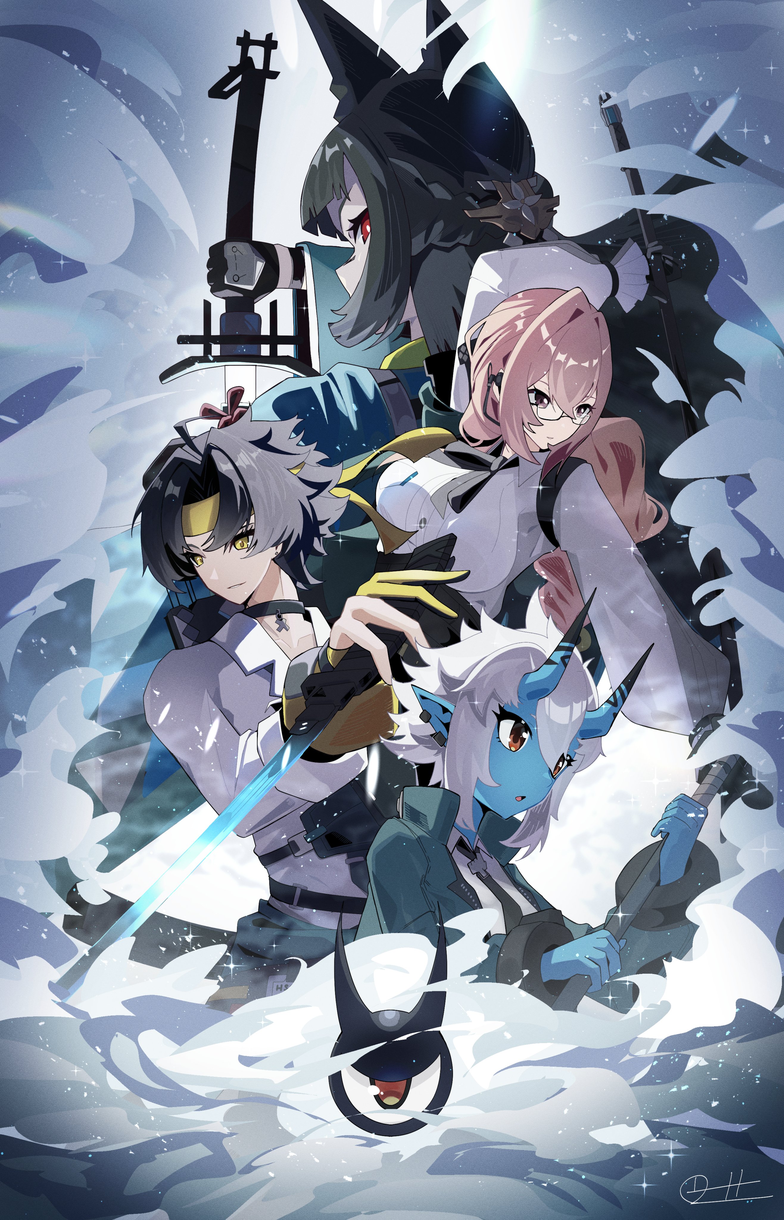 zeroartwo, asaba harumasa, hoshimi miyabi, soukaku (zenless zone zero), tailless (zenless zone zero), tsukishiro yanagi, zenless zone zero, absurdres, commentary request, highres, 1boy, 3girls, ahoge, animal ear fluff, animal ears, aqua jacket, arm up, black choker, black hair, black necktie, blue horns, blue oni, blue skin, blunt bangs, breasts, choker, closed mouth, colored skin, earpiece, earrings, fox ears, fox girl, glasses, gloves, hair between horns, headband, holding, holding behind back, holding weapon, holding weapon behind back, horns, jacket, jewelry, large breasts, long hair, looking at viewer, looking back, looking to the side, multicolored horns, multiple girls, necktie, oni, open mouth, parted bangs, partially fingerless gloves, pendant choker, pink eyes, pink hair, red eyes, shirt, short hair, sideways glance, skin-covered horns, snow, two-tone horns, weapon, white hair, white shirt, yellow eyes, yellow gloves, yellow headband