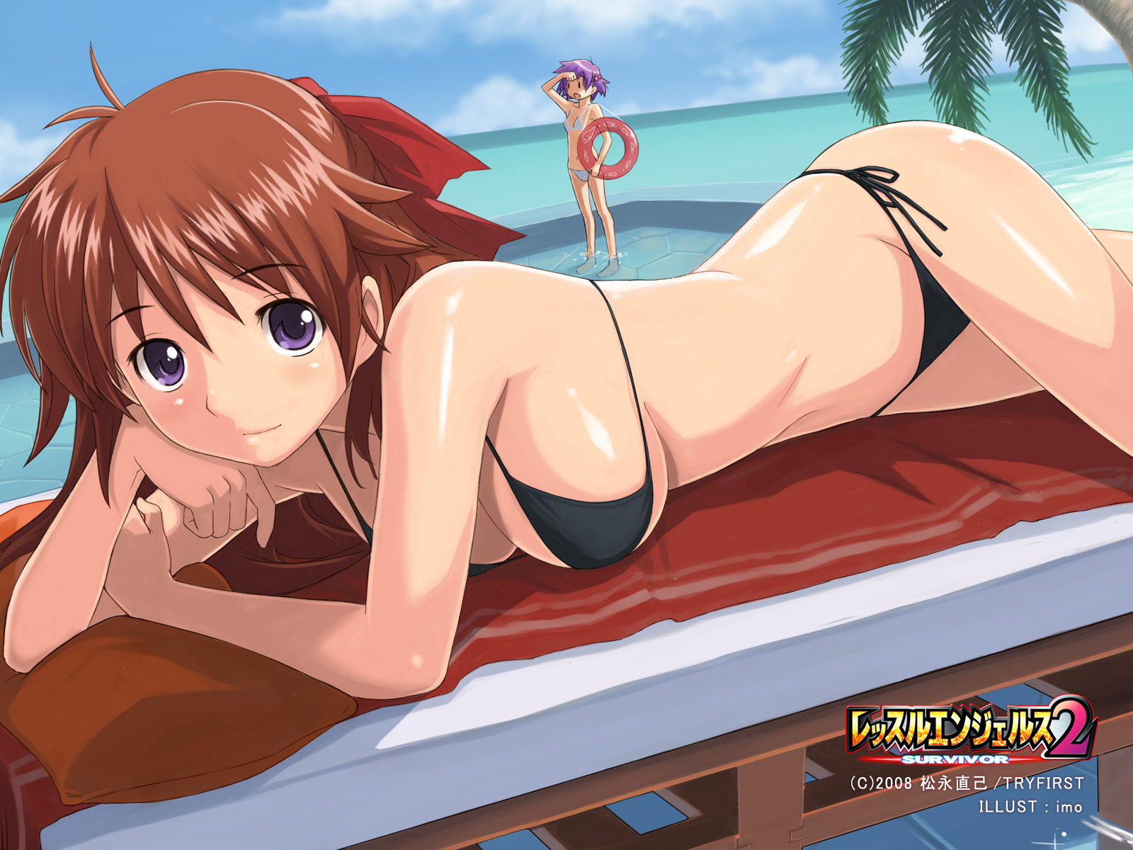 imo, imo (ryokyou), mutou megumi, yuuki chigusa, wrestle angels, wrestle angels survivor 2, highres, 00s, 2008, 2girls, bikini, bow, breasts, brown hair, cleavage, day, dutch angle, hair bobbles, hair bow, hair ornament, half updo, innertube, large breasts, lying, multiple girls, ocean, on side, palm tree, pillow, pool, purple eyes, purple hair, shading eyes, short hair, side-tie bikini bottom, smile, string bikini, swim ring, swimsuit, towel, tree, wading, water, | |