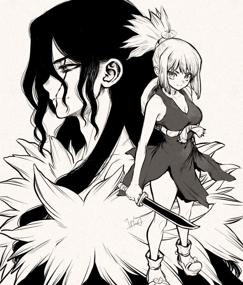 ninomae gin, kohaku (dr. stone), shishiou tsukasa, dr. stone, highres, 1boy, 1girl, adam's apple, bare arms, bare shoulders, breasts, cleavage, closed mouth, dress, facepaint, facial mark, from side, full body, fur trim, greyscale, hat, hat on back, high ponytail, holding, holding knife, holding sword, holding weapon, knife, long hair, looking at viewer, male focus, medium breasts, monochrome, ponytail, profile, rope, rope around waist, rope belt, sandals, siblings, signature, simple background, sleeveless, smile, solo, spiked hair, standing, sword, upper body, wavy hair, weapon