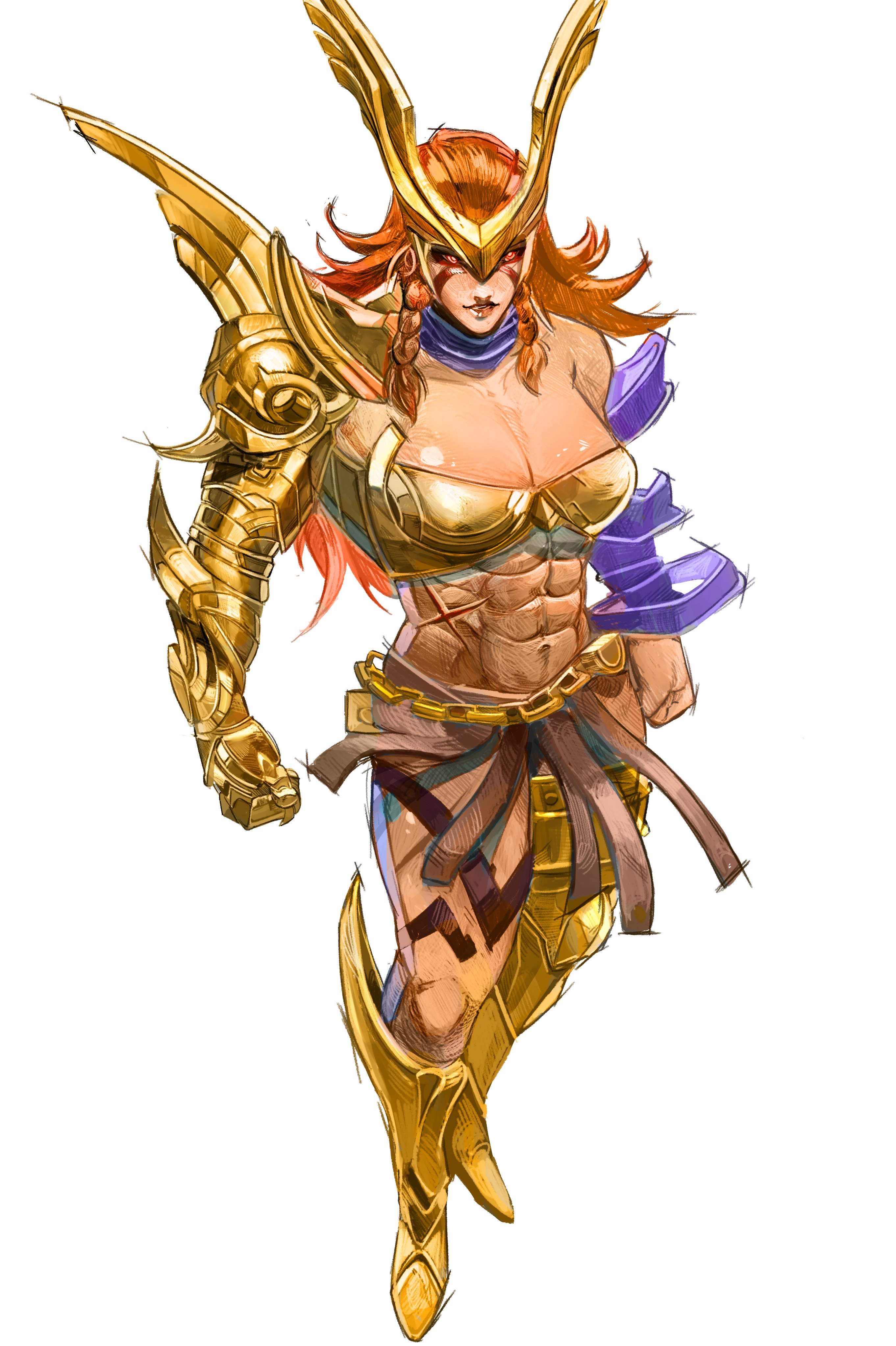 raph mavrost, angela (marvel), marvel, marvel rivals, absurdres, commentary, highres, 1girl, abs, armor, boots, braid, braided sidelocks, breasts, cleavage, clenched hand, full body, gold armor, gold boots, gold bra, large breasts, long hair, muscular, muscular female, navel, red hair, scar, scar on stomach, simple background, single bare shoulder, single shoulder pad, solo, thigh boots, white background