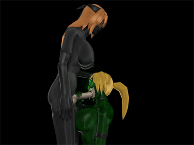 sircus, animated, animated gif, lowres, 2girls, 3d, blonde hair, bodysuit, breasts, brown hair, fellatio, from side, futanari, hand on another's head, huge breasts, long hair, multiple girls, ninja, oral, penis, ponytail, simple background